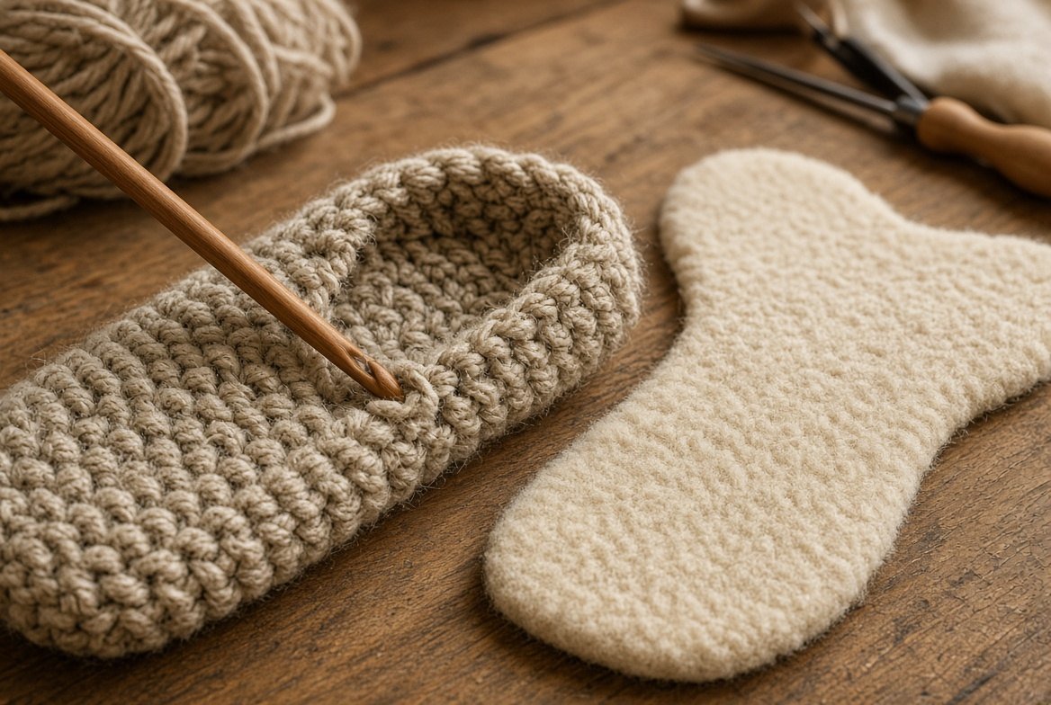 Hand-crochet slipper upper beside a sheepskin sole