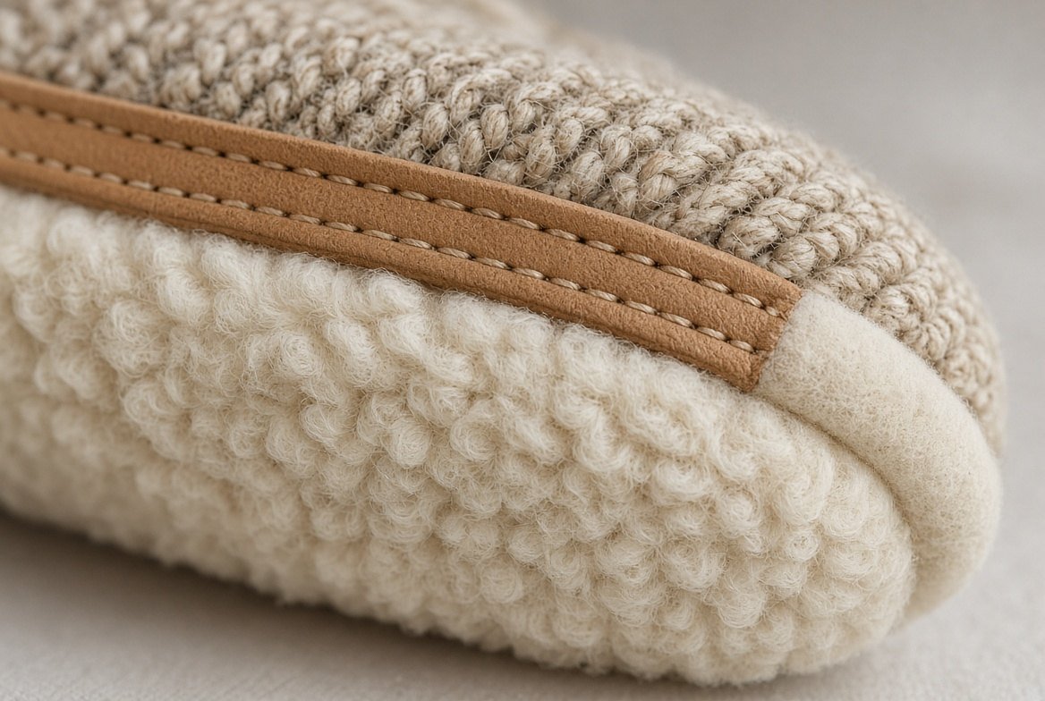 Close detail of sheepskin sole and knit upper