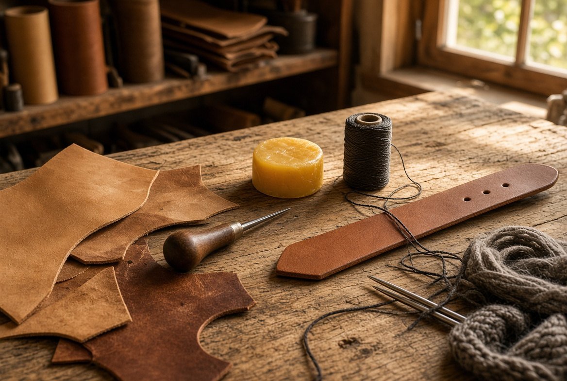 Workshop bench with leather, awl, beeswax, and knitting needles